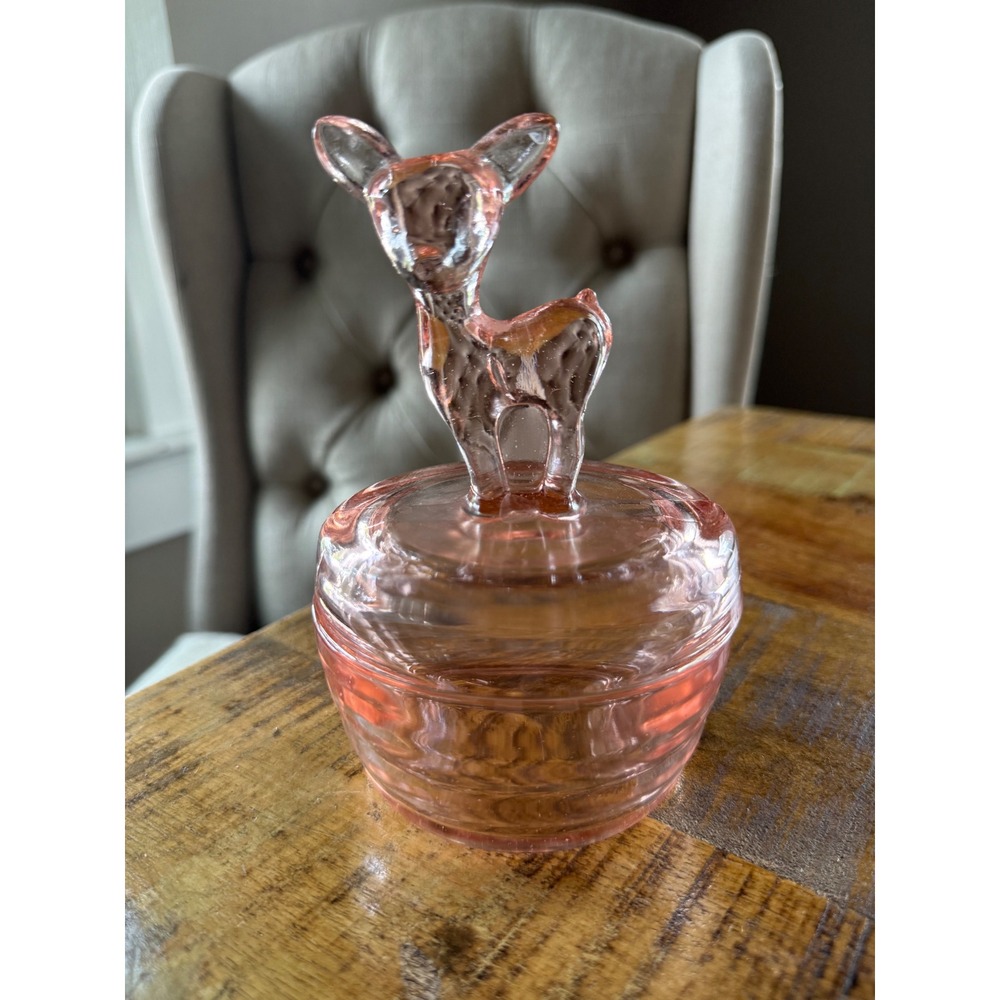 Jeanette Glass Bambi Powder Jar Pink Excellent Vintage Depression Glass